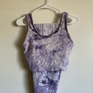 Lavender tie-dye crop top yoga set with pockets